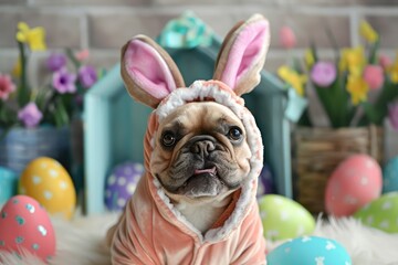 Wall Mural - happy excited french bulldog easter bunny costume. Ai generative