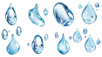 Poster - Dew drops, raindrops, and clear water drops isolated on white background. Modern realistic set of pure aqua liquid flows, condensation on cool surfaces.
