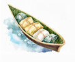 Dragon boat with sticky rice dumplings watercolor style illustration