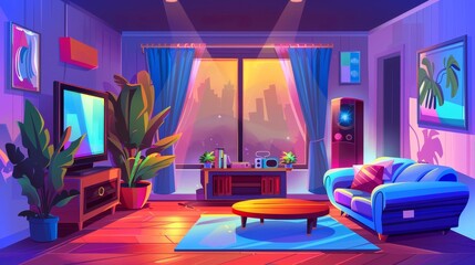 Wall Mural - A living room interior with sofa, TV, and a play console with joystick, potted plants. Modern cartoon illustration of a lounge with coffee table, wooden floor, and lamp. Large windows with sunlight.