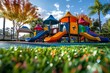 Vibrant play area with multiple slides and climbing structures, showcasing childhood fun and outdoor activity