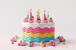 © furyon - Birthday cake, colorful frosting, candles, isolated on white, 3D illustration