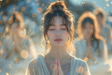 Wall Mural - young asian woman meditates in the mountains, with aura of energy around her, natural mountain background.