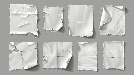 Wall Mural - Torn paper with ripped edges. White ripped and crumpled scraps of paper isolated on gray background. Blank paper pieces, modern realistic illustration.