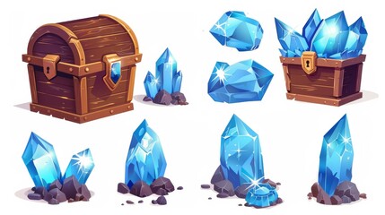 Wall Mural - There are two treasure chests and bags with gem stones in the game. A wooden trunk or sack is decorated with blue crystals. Trophy growth, level reward, pirate loot, fantasy assets, gui elements,