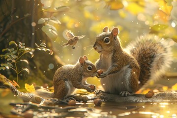  mother and child squirrel gathering acorns in a sun-dappled forest, with animated birds chirping in the trees and the gentle babble of a nearby stream