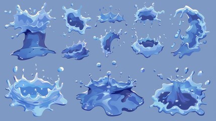 Poster - Splashes of blue water, falling drops, waves, streams, spills, crests, and waves on blue background, modern cartoon set.
