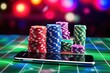 Online Gambling. Poker chips and smartphone on casino table. Ai generative