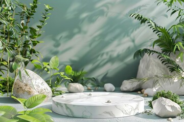 Wall Mural - Luxurious white marble podium display on a natural green background with plants and rocks, 3D rendered product showcase