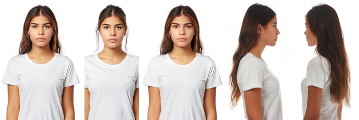 Wall Mural - Different views of young woman wearing white t-shirt on white background