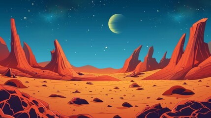 Wall Mural - the green landscape of fantasy world with mountains, rocklands, deserts, craters, and moons of satur