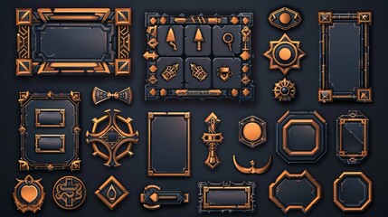 Wall Mural - Set of realistic avatar frames and game buttons isolated on black background. Art deco style borders for RPG interface design.