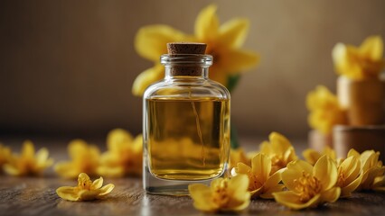 Wall Mural - yellow flower petals background with aroma therapy massage essential oil bottle from Generative AI