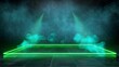A green laser beam effect isolated on a transparent background. A neon line abstract design symbolizing a laser show with sparkles and smoke. Led broadway entertainment illustration.