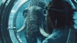 Scientist Resurrect Mammoth, Mammoth Revival in Modern Science Lab, A woolly mammoth is resurrected in a futuristic scientific laboratory setting, sparking curiosity and amazement.