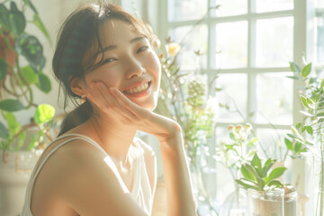 Young Japanese woman in white tank top, touching face with both hands and smiling while sitting by the window of her bright room filled with various plants and glass vases