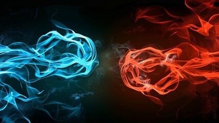 Wall Mural - Modern black background with blue and red smoke effect. Abstract neon flame cloud with dust cold versus hot. Transparent background for competition. Police digital banner design.