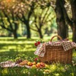 Picnic Basket in Summer Park, Outdoor Lunch, Lunch on Grass, Spring Holiday Leisure, Picnic Basket