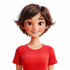 Wall Mural - portrait of cute smiling brunette girl with short hair in red t-shirt. Teen character 3d render avatar minimal style on white background