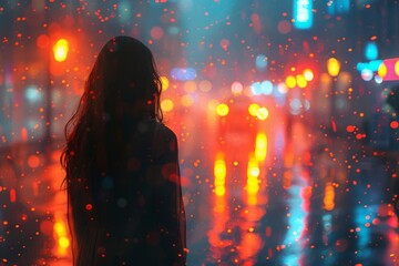 Poster - A mysterious woman's silhouette stands out against a vibrant background of bokeh city lights in various colors