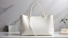 A Minimalist Scene Featuring An Elegant White Leather Tote Bag Displayed On A Marble Surface. The Setting Is Simple Yet Sophisticated, Emphasizing The Beauty And Luxury Of The Bag In A Clean And Unclu
