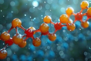 Poster - High-detailed abstract image featuring a molecular structure with orange and red spheres among glistening blue water droplets