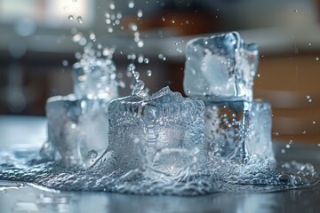 Poster - a high-definition capture of crystal-clear ice cubes creating lively splashes as they collide with w