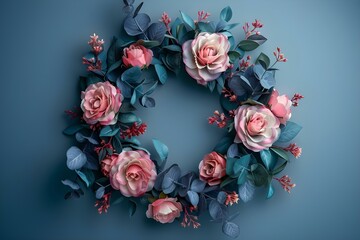 Canvas Print - Pastel Rose Wreath on Blue - Elegant Wedding Decor. Concept Pastel Rose Wreath, Elegant Wedding Decor, Blue Theme, Romantic Setting, Floral Elegance