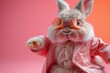 © Larisa AI - Upbeat image of a rabbit rocking a glossy pink jacket and statement orange eyeglasses, full of character