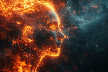 Poster - A striking visualization of a woman in profile with glowing fire effects in a dark, mystic setting