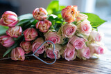 Fototapeta Kosmos - Beautiful bouquet of pink roses and tulips with a heart shape on dark wood for mother's day greetings.