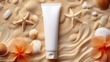Fototapeta Tulipany - Empty mockup white cosmetic tube on the beach with starfish and seashells