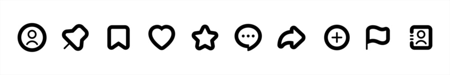 Poster - Social media interface icon set in bold line style. like, unlike, comment, share, message, bookmark, thumb and save simple black style symbol sign for apps and website, vector illustration.