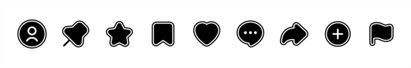 Poster - Social media interface icon set in flat style. like, unlike, comment, share, message, thumb, favorite, bookmark, and save simple black style symbol sign for apps and website, vector illustration.