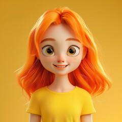 Wall Mural - portrait of cute smiling red head girl in yellow t-shirt. Teen character 3d render avatar minimal style