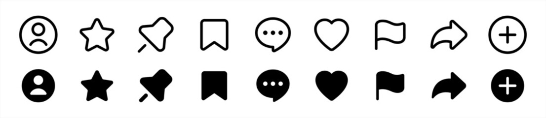 Poster - Social media interface icon set in line style. like, unlike, comment, share, message, thumb, favorite, bookmark, and save simple black flat style symbol sign for apps and website, vector illustration.