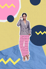 Poster - Vertical collage standing young stylish woman formalwear jacket painted texture book pants novel story literature magazine cover fashion