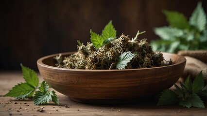 Wall Mural - dried nettle healing herbs on wooden bowl from Generative AI