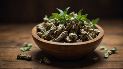 Wall Mural - dried peppermint healing herbs on wooden bowl from Generative AI