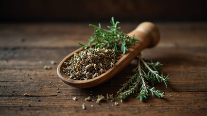 Canvas Print - dried thyme healing herbs on wooden bowl from Generative AI