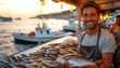 Young fishmonger with fresh catch fish market. Healthy seafood concept for design and lifestyle