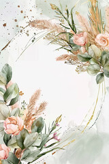 Poster - Wedding frame flowery design with a gold border. The flowers are pink and green. The design is very pretty and elegant