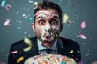 A man in suit just got punched in the face by cake, fun student birthday tradition. Generative AI