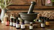 aromatherapy blends, vials of essential oils surrounding a mortar and pestle, showcasing DIY creations