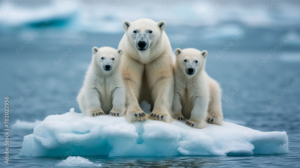 Mama polar bear with her cubs sitting together on a small ice floe in ...