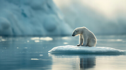 lonely polar bear sitting alone on a small ice floe somewhere in the arctic waters. sad conceptual p