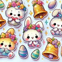 Wall Mural - bunnies with eggs and flowers cute easter stickers