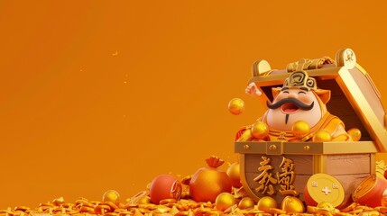 Wall Mural - An orange CNY banner with the God of Wealth emerging from a wooden treasure box filled with gold. The text reads: Wishing you wealth. Welcome Caishen.