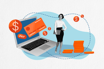 Aufkleber - Creative abstract template collage of formalwear female netbook pay entrepreneur earning money concept unusual fantasy billboard comics