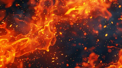Poster - Fire flames and sparks illustrated in 3D on dark background.